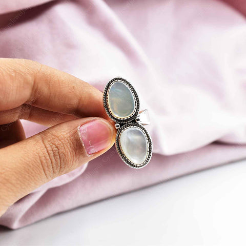 Handmade Mother of Pearl & Sterling Silver Crawler Ring, Adjustable Statement Ring for Women