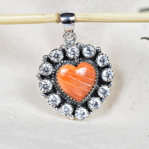 Orange Oyster Turquoise Heart Pendant, Cubic Zirconia 925 Sterling Silver Necklace