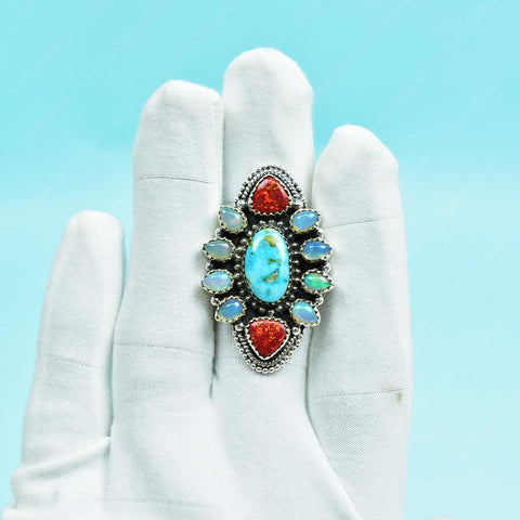 Handmade Turquoise & Ethiopian Opal Sterling Silver Adjustable Ring