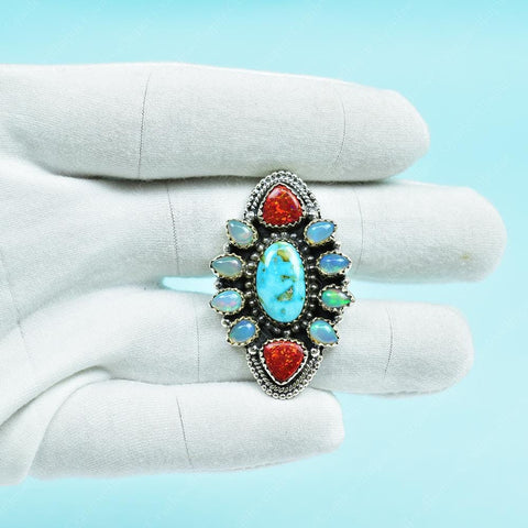 Handmade Turquoise & Ethiopian Opal 925 Sterling Silver Adjustable Ring