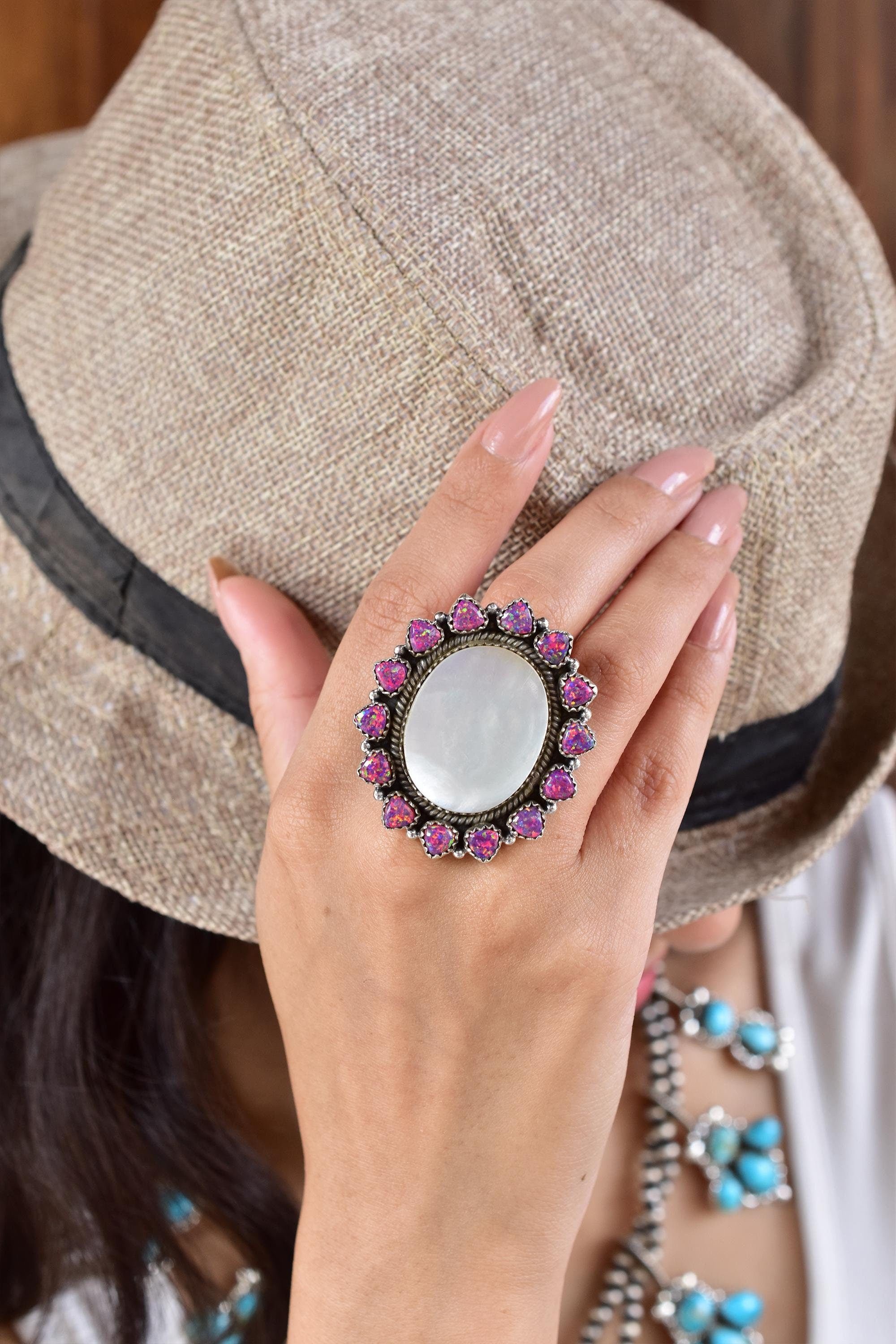 Handmade Mother of Pearl & Aurora Opal Sterling Silver Adjustable Ring