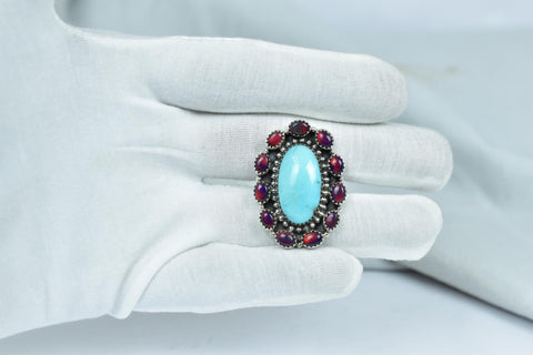 Handmade Arizona Turquoise & Sterling Silver Adjustable Ring, Aurora Opal Cluster Ring for Women
