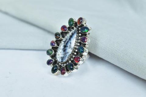 Handmade White Buffalo & Aurora Opal Ajustable Cluster Ring