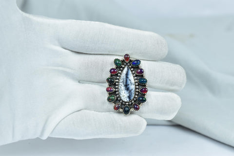 Handmade White Buffalo & Aurora Opal Ajustable Cluster Ring