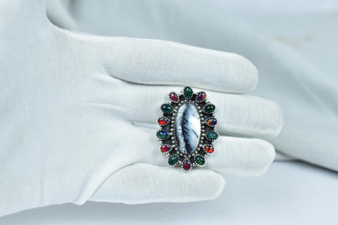 Handmade White Buffalo & Aurora Opal Sterling Silver Adjustable Ring