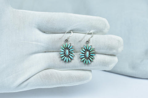 Handmade Turquoise & Sterling Silver Flower Dangle Drop Earrings