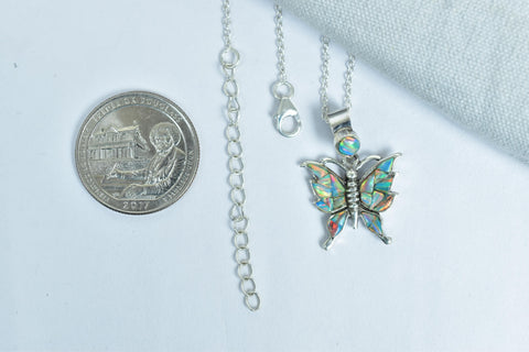 Handmade Aurora Opal & 925 Sterling Silver Butterfly Pendant with 18 inch Adjustable Chain