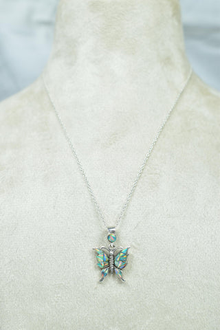 Handmade Aurora Opal & 925 Sterling Silver Butterfly Pendant with 18 inch Adjustable Chain