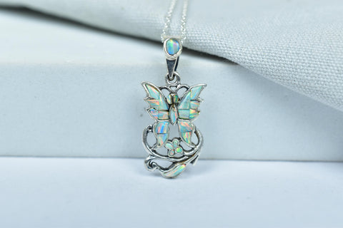 Handmade Aurora Opal Butterfly Pendant & Sterling Silver Pendant with 18 inch Adjustable Chain