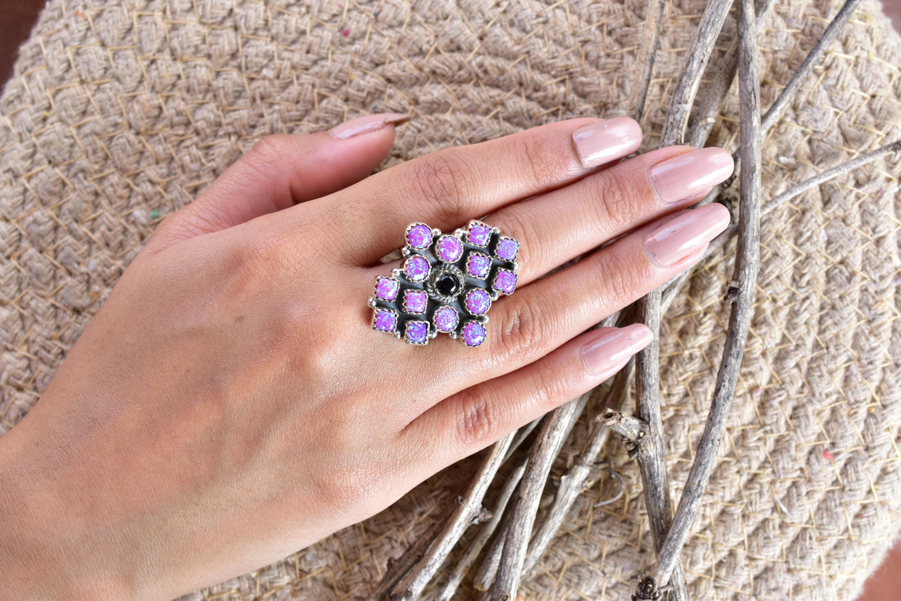 Handmade Sparkling Opal & Black Onyx 925 Sterling Silver Adjustable Ring