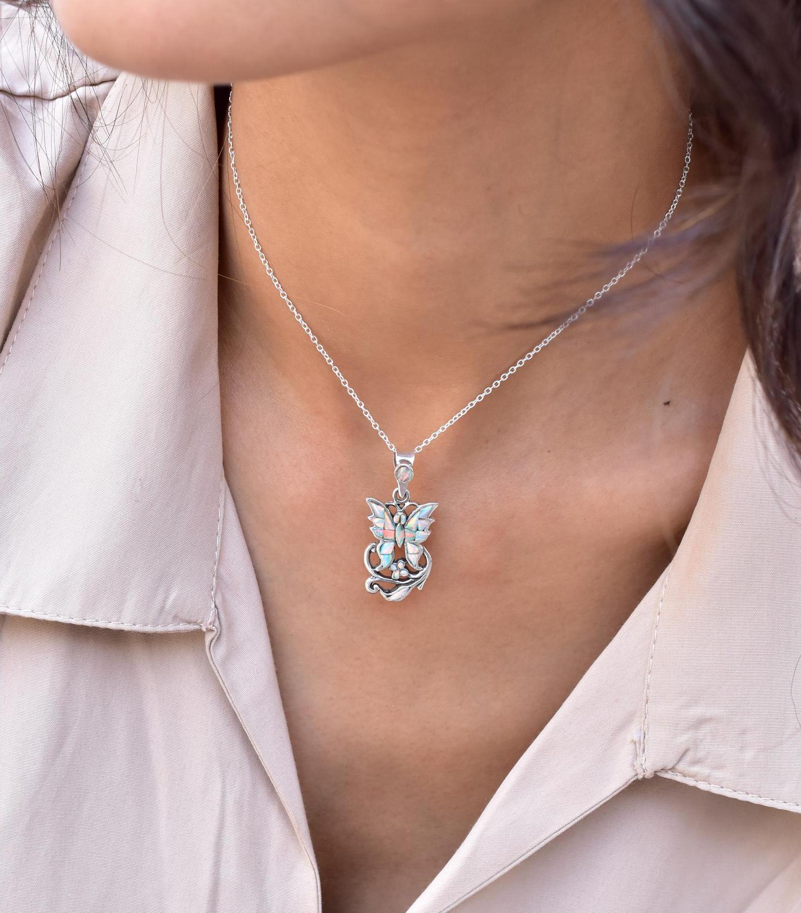 Handmade Aurora Opal Butterfly Pendant & Sterling Silver Pendant with 18 inch Adjustable Chain