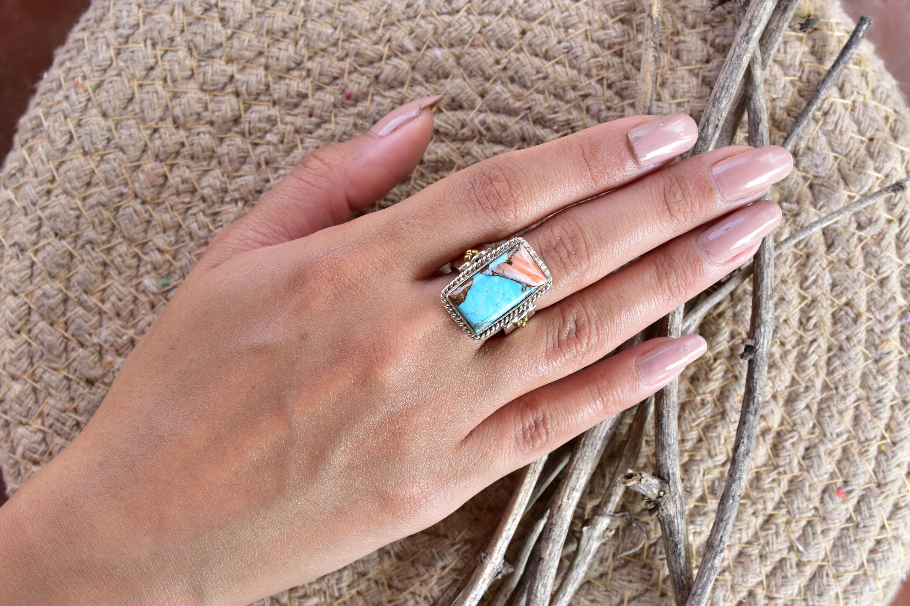 Handmade Spiny Oyster Turquoise & Sterling Silver Adjustable Ring, Statement Ring for Women (Size 7)