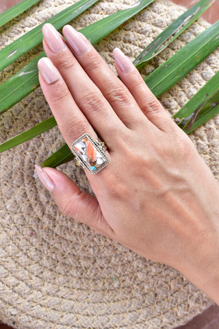 Handmade Spiny Oyster Turquoise & Sterling Silver Adjustable Ring, Statement Ring for Women (Size 8)