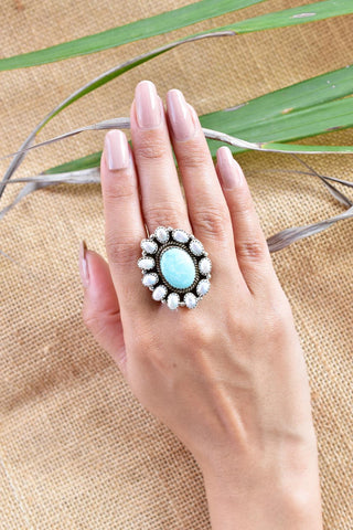 Handmade Turquoise & Sterling Silver Adjustable Ring, Pearl Statement Ring for Women