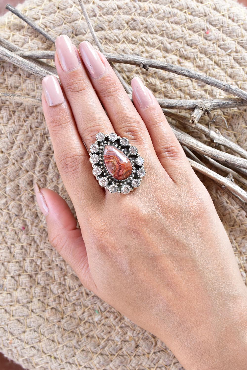 Handmade Crazy Lace Agate & Sterling Silver Adjustable Ring, CZ Statement Ring for Women