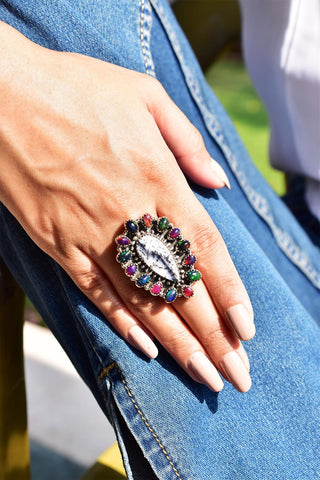 Handmade White Buffalo & Aurora Opal Ajustable Cluster Ring