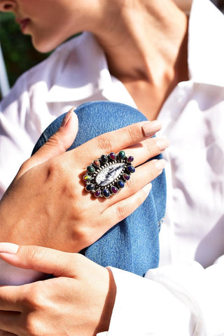 Handmade White Buffalo & Aurora Opal Ajustable Cluster Ring