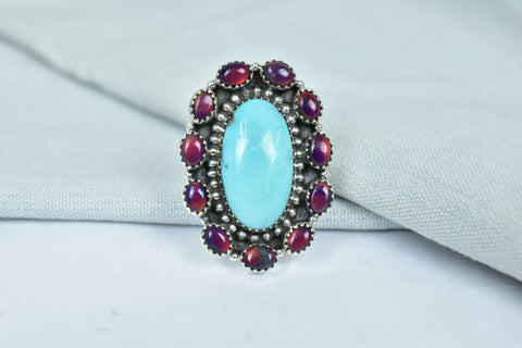 Handmade Arizona Turquoise & Sterling Silver Adjustable Ring, Aurora Opal Cluster Ring for Women