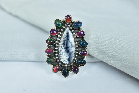 Handmade White Buffalo & Aurora Opal Ajustable Cluster Ring