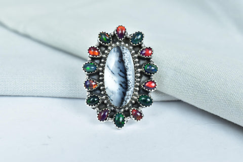 Handmade White Buffalo & Aurora Opal Sterling Silver Adjustable Ring