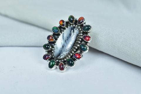 Handmade White Buffalo & Aurora Opal Sterling Silver Adjustable Ring