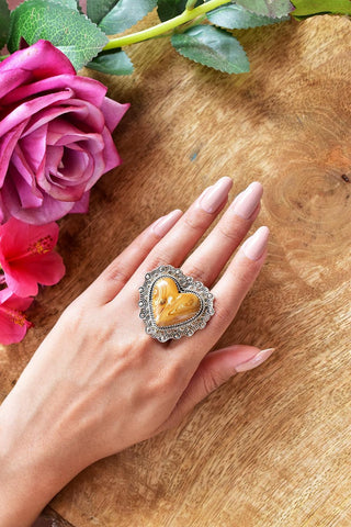 Handmade Snake Jasper Heart Ring: Sterling Silver Adjustable Statement Ring