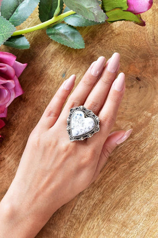 Handmade Dendritic Agate Heart Ring: Sterling Silver Adjustable Statement Ring