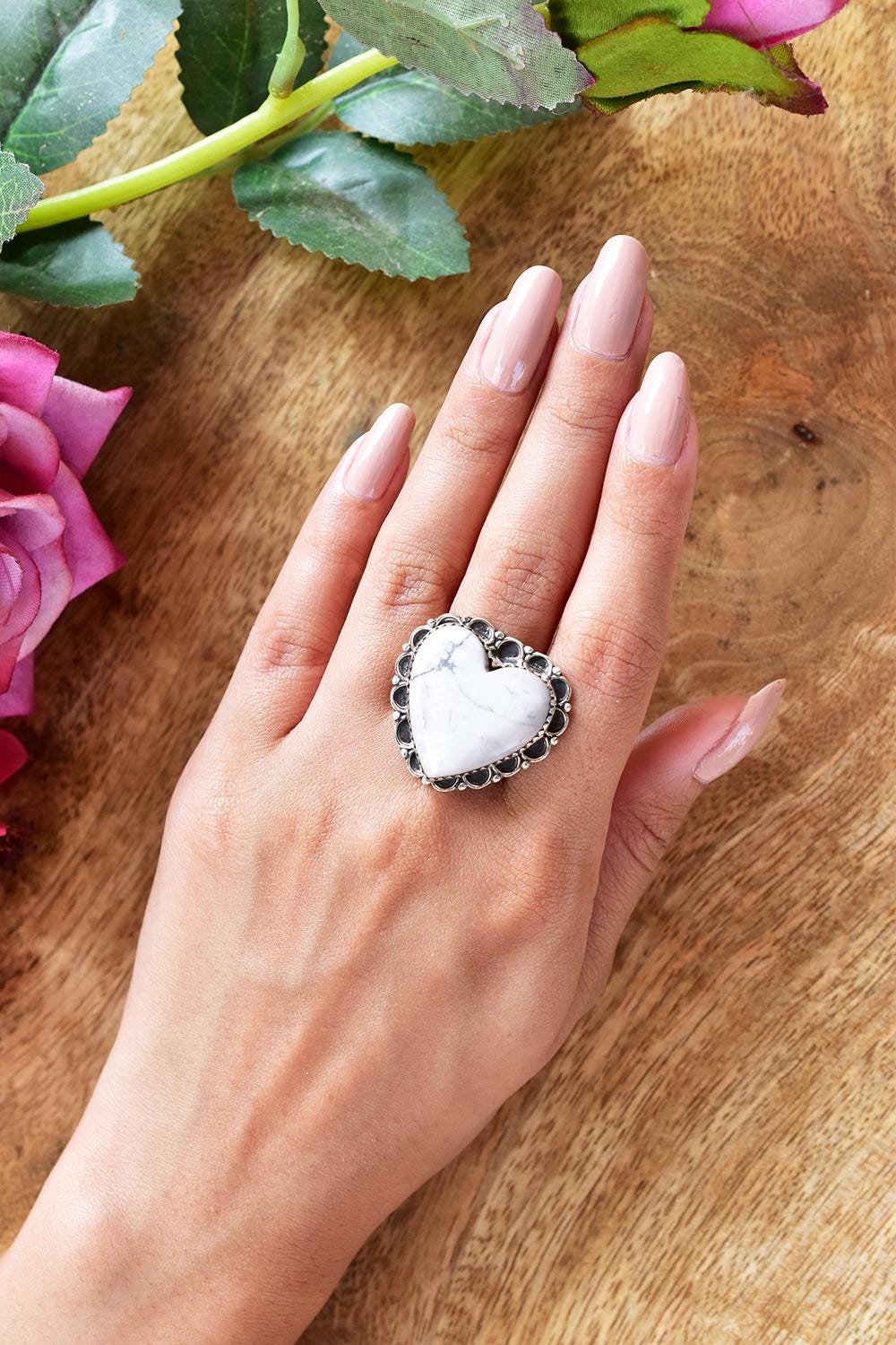Handmade Howlite Heart Ring: Adjustable Sterling Silver Statement Ring
