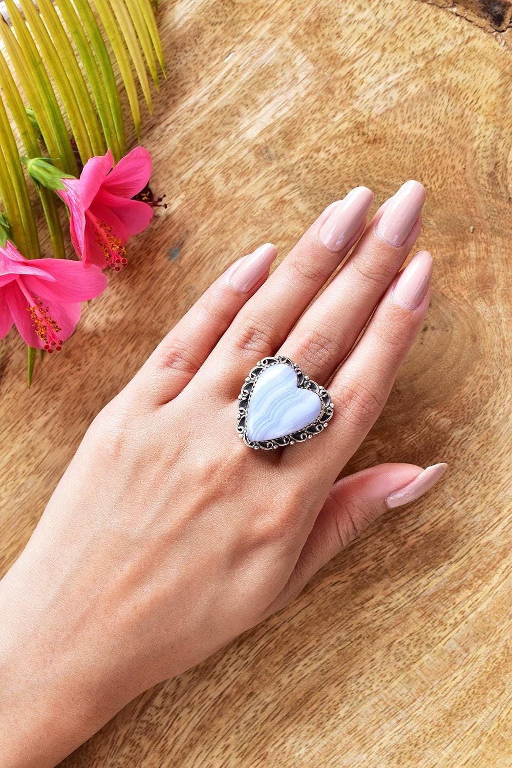 Blue Lace Agate Heart Ring: Adjustable Sterling Silver Statement Ring