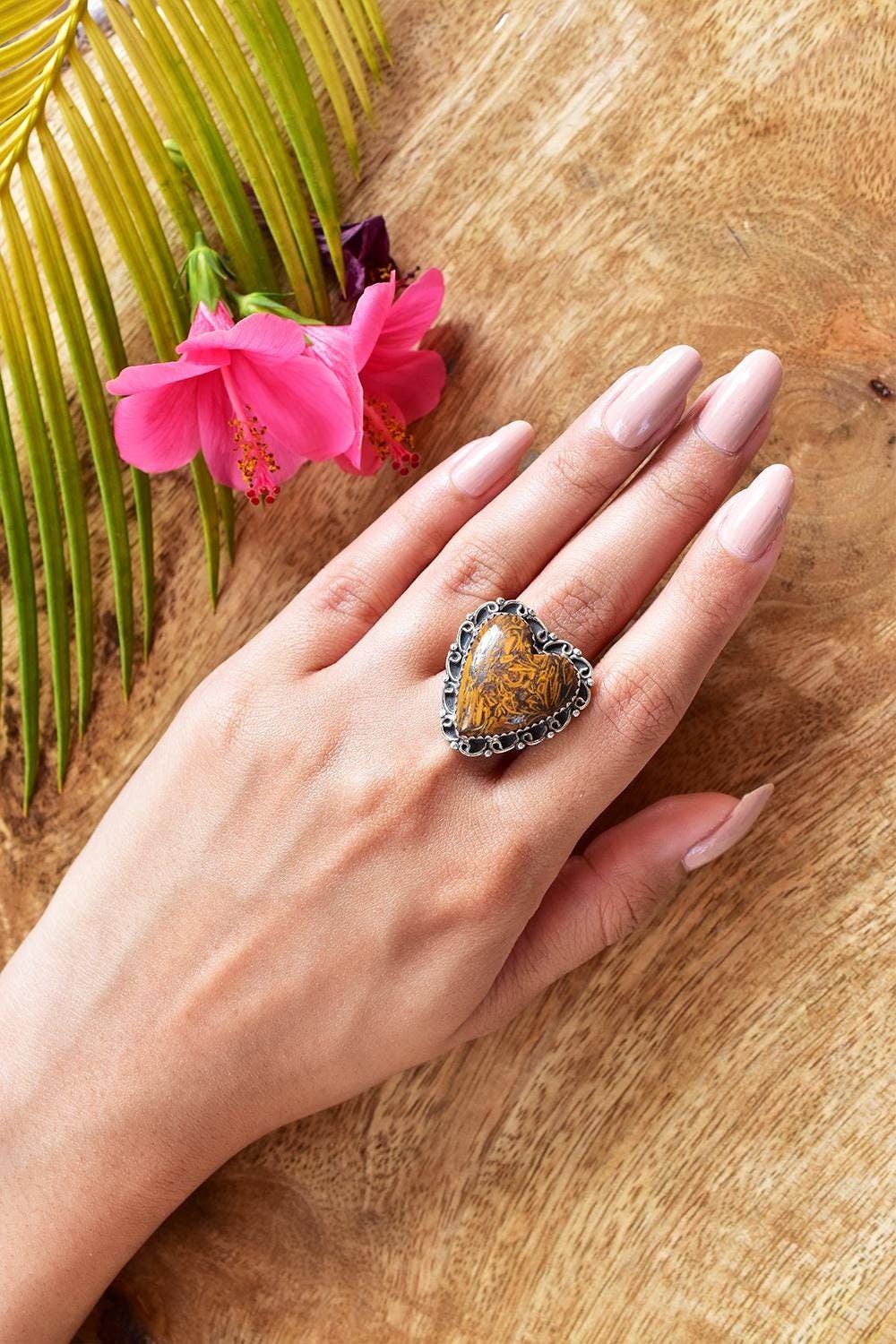 Handmade Serpentine Heart Ring: Adjustable Sterling Silver Statement Ring