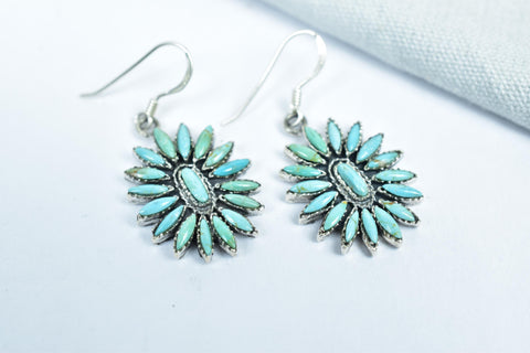 Handmade Turquoise & Sterling Silver Flower Dangle Drop Earrings