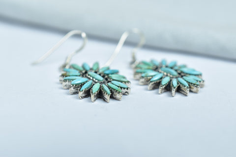 Handmade Turquoise & Sterling Silver Flower Dangle Drop Earrings