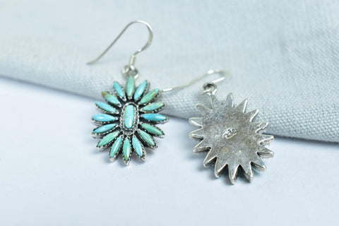 Handmade Turquoise & Sterling Silver Flower Dangle Drop Earrings