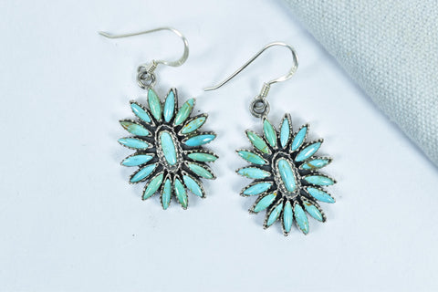 Handmade Turquoise & Sterling Silver Flower Dangle Drop Earrings