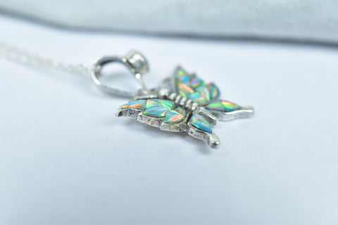 Handmade Aurora Opal & 925 Sterling Silver Butterfly Pendant with 18 inch Adjustable Chain