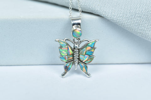 Handmade Aurora Opal & 925 Sterling Silver Butterfly Pendant with 18 inch Adjustable Chain