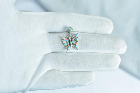 Handmade Aurora Opal & 925 Sterling Silver Butterfly Pendant with 18 inch Adjustable Chain
