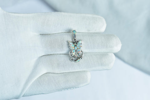 Handmade Aurora Opal Butterfly Pendant & Sterling Silver Pendant with 18 inch Adjustable Chain