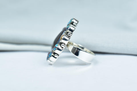 Handmade Pink Dahlia Turquoise & Sterling Silver Adjustable Ring, Black Shell Cluster Ring for Women