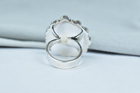 Handmade Pink Dahlia Turquoise & Sterling Silver Adjustable Ring, Black Shell Cluster Ring for Women