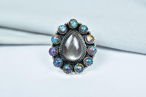 Handmade Pink Dahlia Turquoise & Black Shell Sterling Silver Adjustable Ring