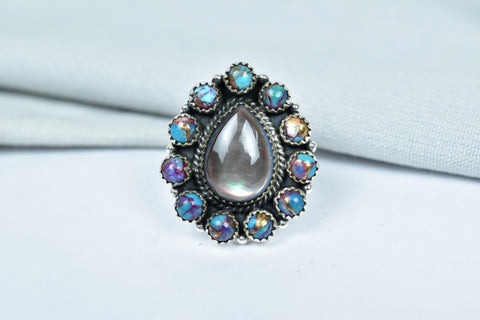 Handmade Pink Dahlia Turquoise & Sterling Silver Adjustable Ring, Black Shell Cluster Ring for Women