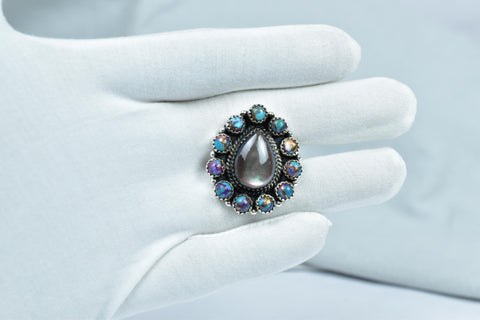 Handmade Pink Dahlia Turquoise & Sterling Silver Adjustable Ring, Black Shell Cluster Ring for Women