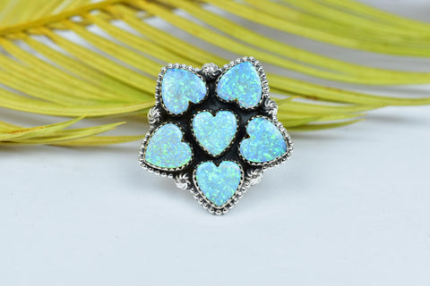 Handmade Sparkling Opal & Sterling Silver Adjustable Ring, Heart Statement Cluster Ring for Women
