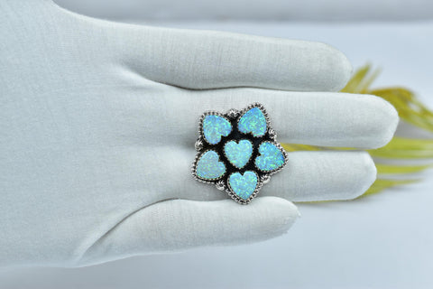 Handmade Sparkling Opal & Sterling Silver Adjustable Ring, Heart Statement Cluster Ring for Women