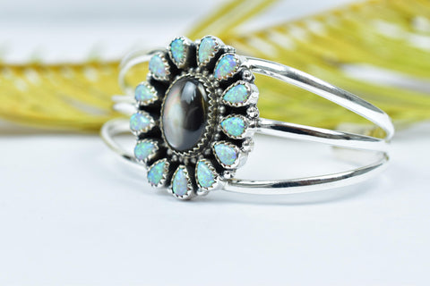 Handmade Black Shell & 925 Sterling Silver Adjustable Cuff, Aurora Opal Bangle, Size 6 Inch