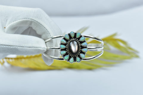 Handmade Black Shell & 925 Sterling Silver Adjustable Cuff, Aurora Opal Bangle, Size 6 Inch