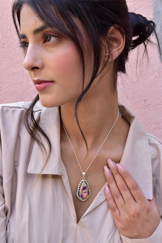 Handmade Spiny Oyster Turquoise & Sterling Silver Pendant Necklace with 18 Inch Adjustable Chain