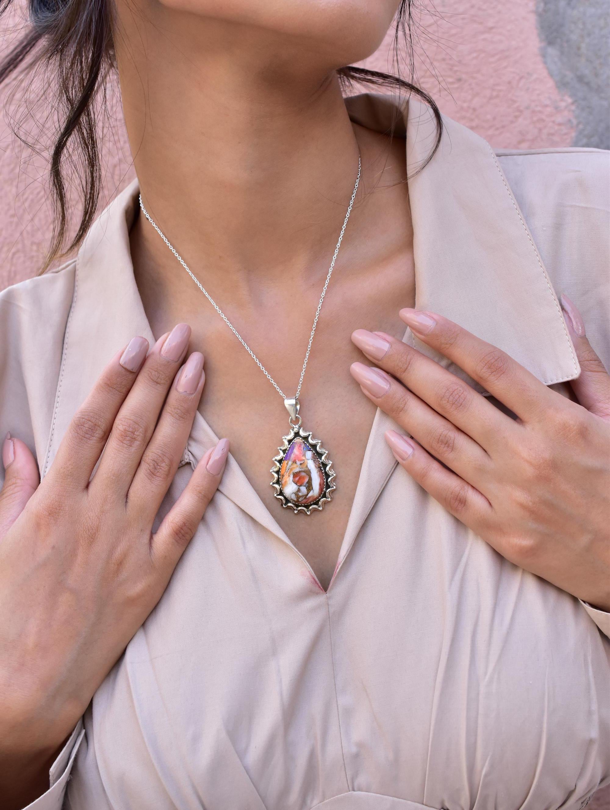 Handmade Spiny Oyster Turquoise & Sterling Silver Pendant Necklace with 18 Inch Adjustable Chain