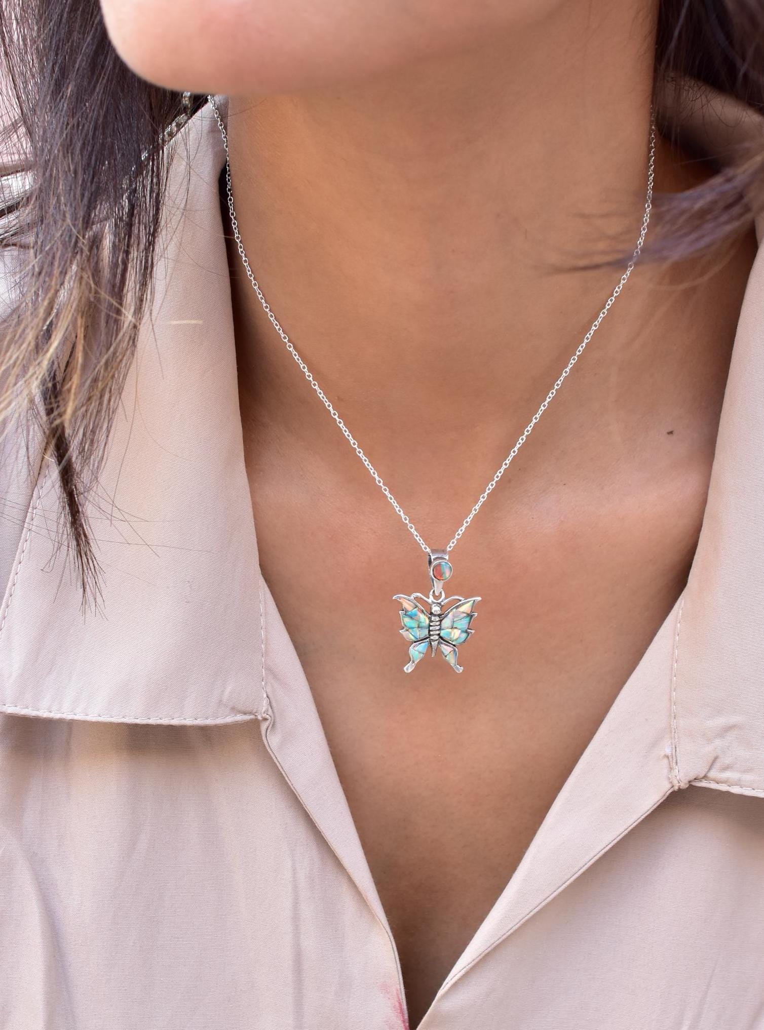 Handmade Aurora Opal & 925 Sterling Silver Butterfly Pendant with 18 inch Adjustable Chain